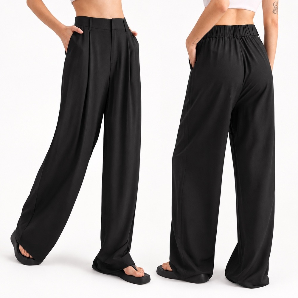 COMMENSE Wide Leg Pleated Trousers Large Black Womens High Rise Office Pants